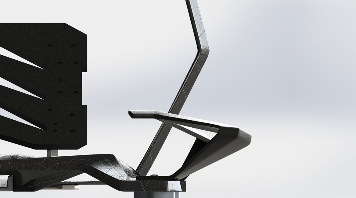 Close studio detail of the P47 carbon-fibre chassis and pedal deck